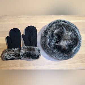 Parkhurst Black Mittens and Hat with Faux Fur Accents